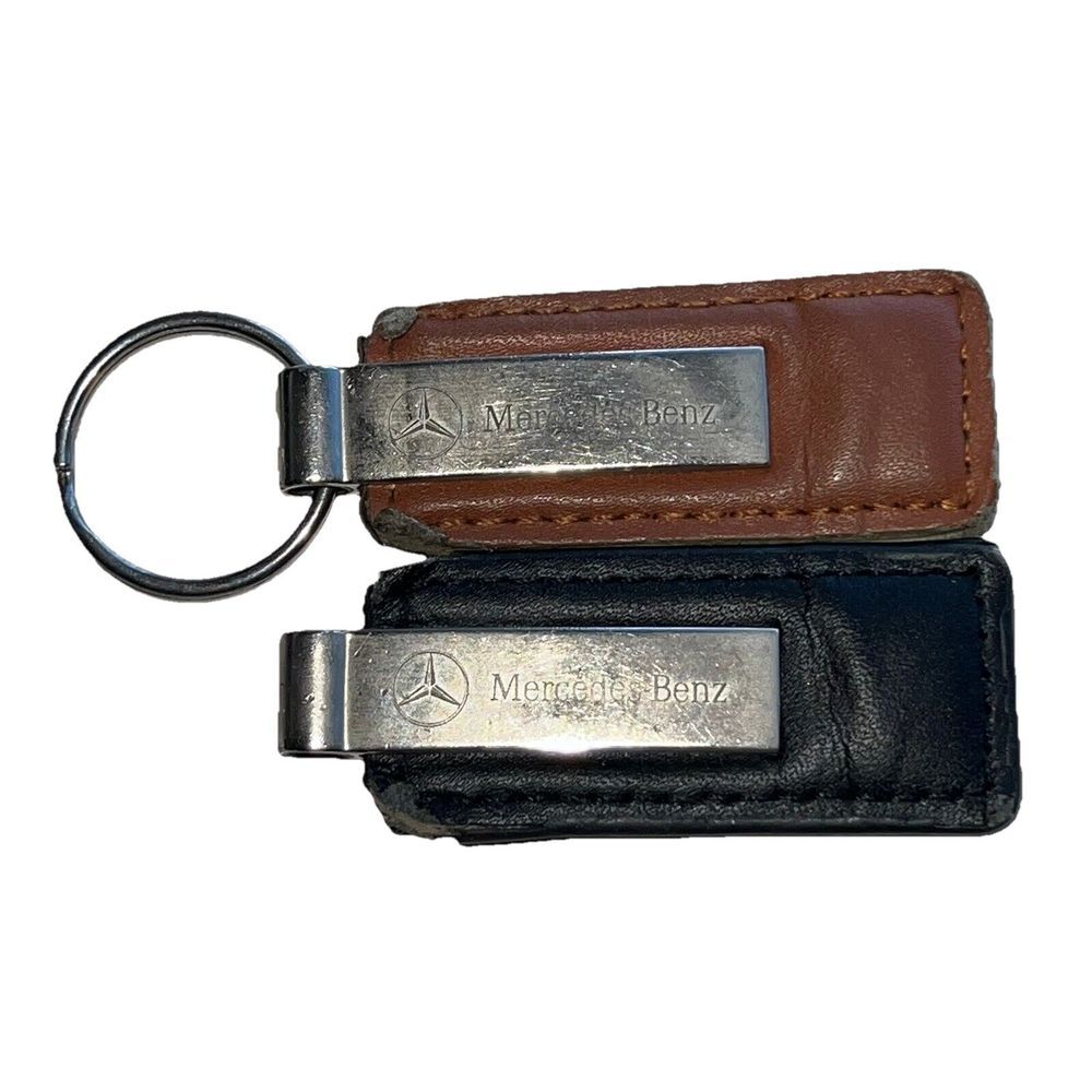 Set Of 2 Mercedes-Benz Of New London Keychain Metal & Leather Black & Brown WORN